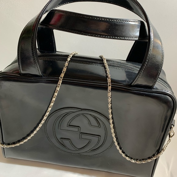 Gucci Handbags - GUCCI GG Logo Patent Leather Handbag Black Medium